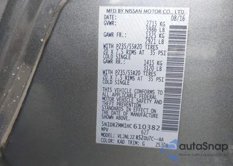 2017 Nissan Pathfinder Platinum from USA, damaged, VIN 5N1DR2MM1HC610382